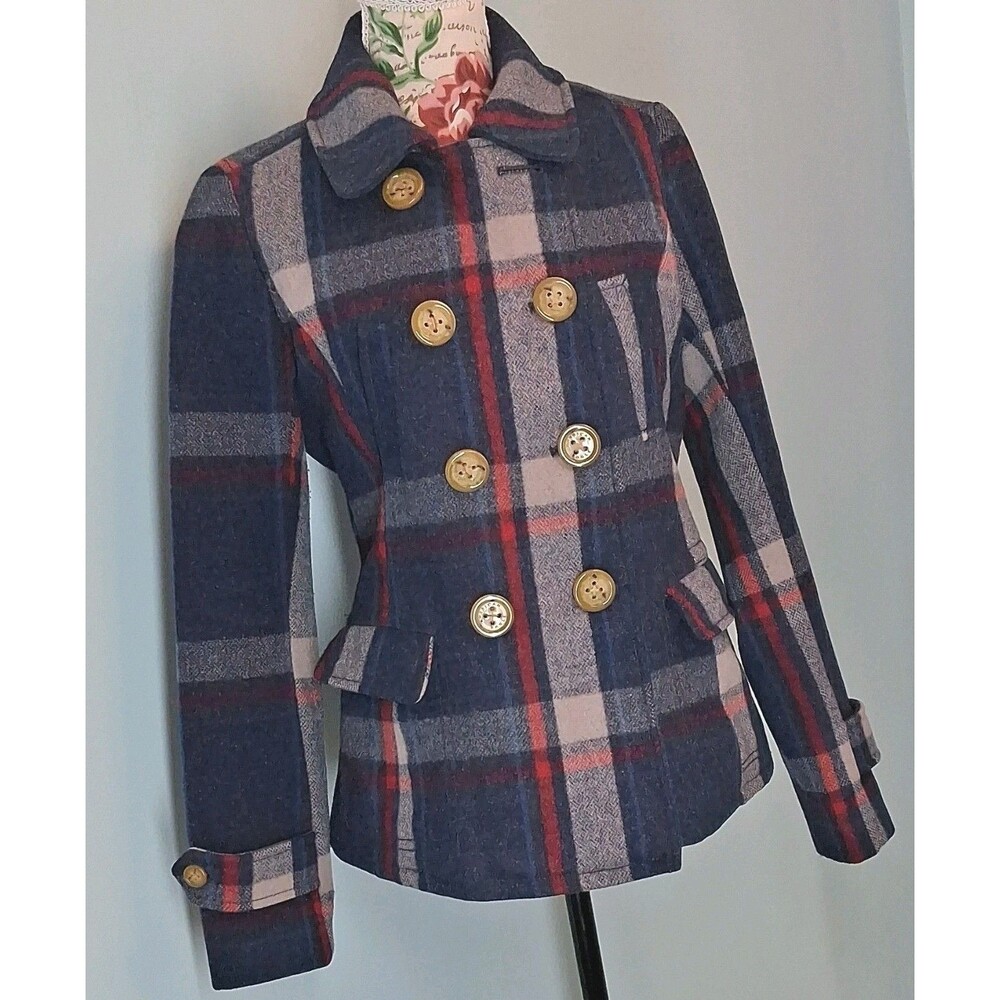 American Eagle Women S Plaid Wool Blend Pea Coat Dbl Breasted Dark Academia